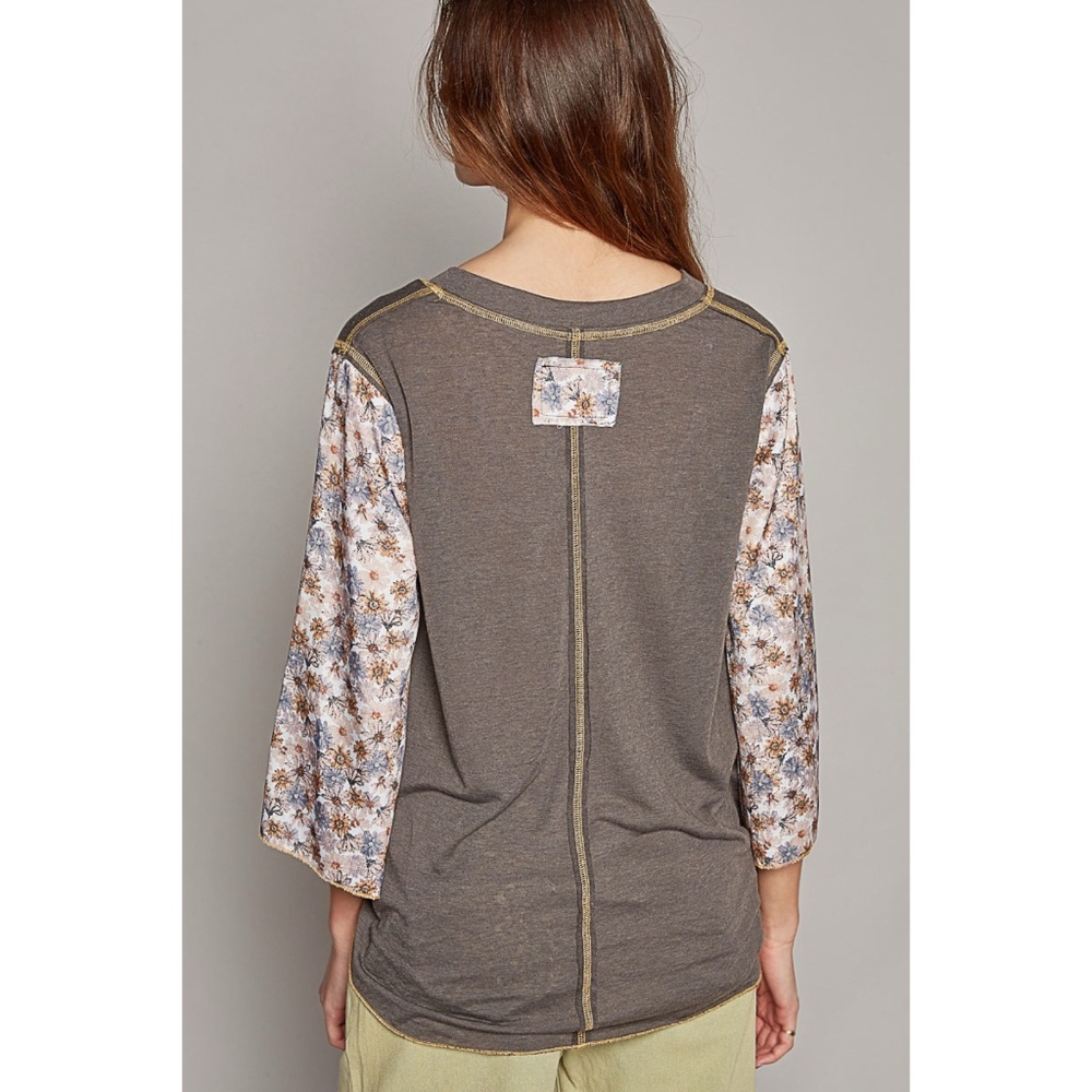 POL Charcoal Slub Knit Scoop Neck Top with Floral Sleeves - Picture 3 of 6